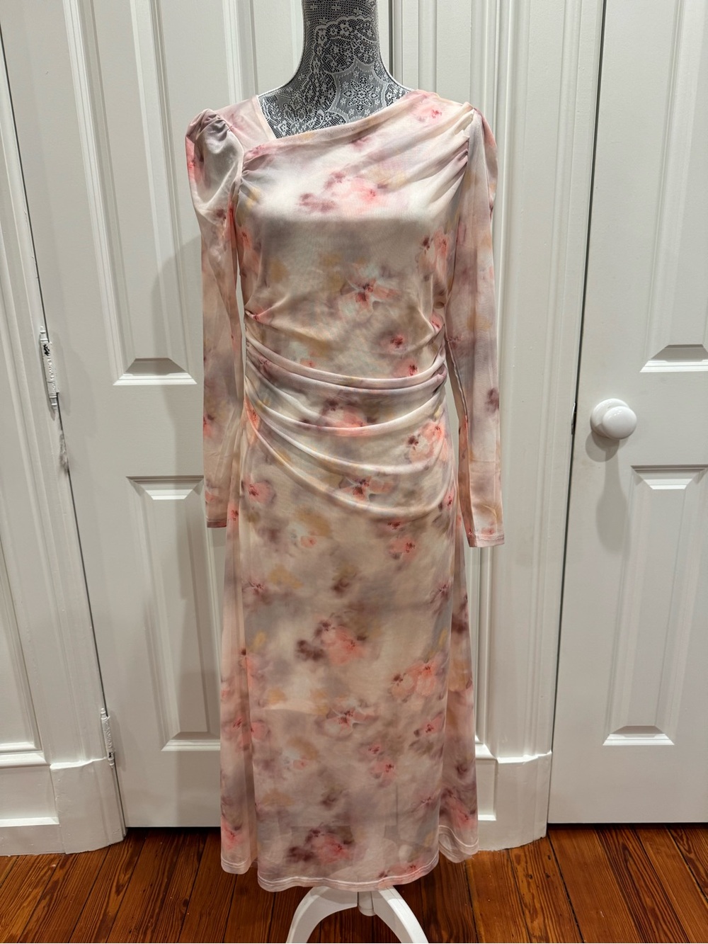Soft Pink Floral Long-Sleeve Lined Midi Dress Size XL Coquette Fairycore